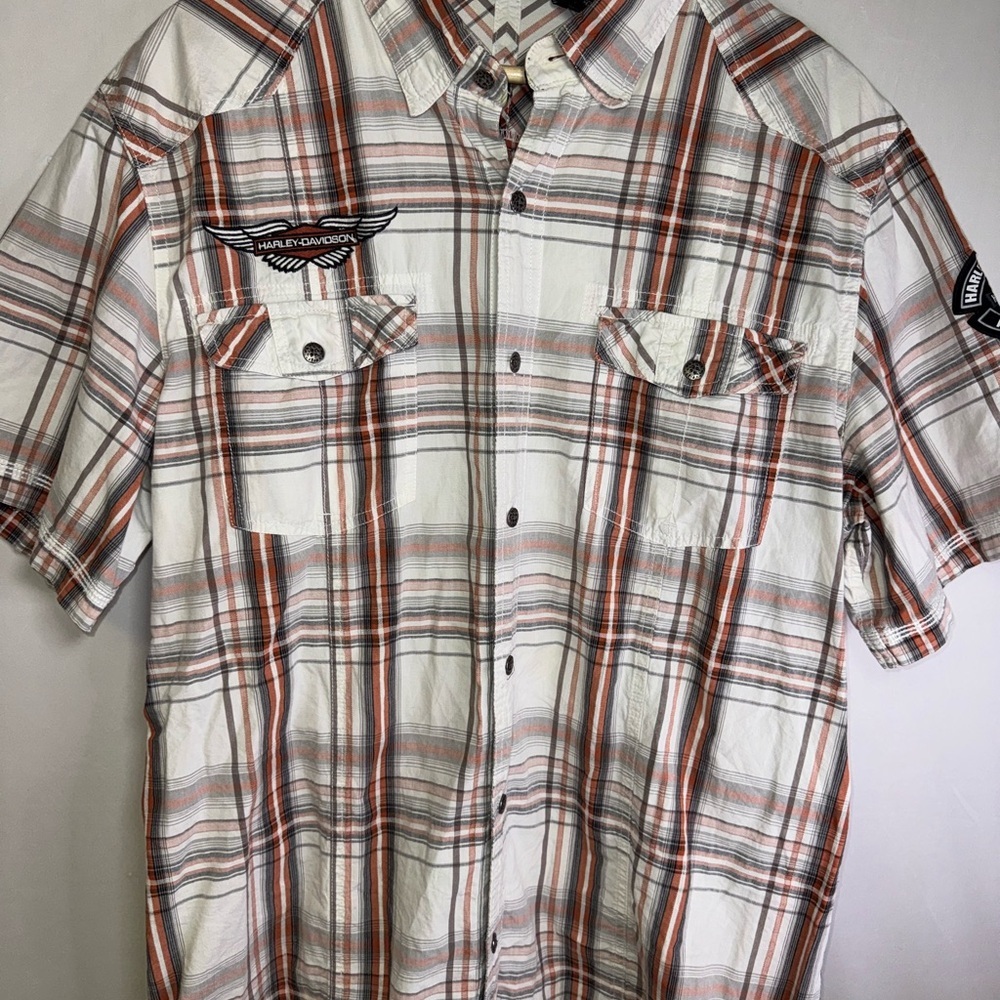 Harley-Davidson White and Orange Plaid Men's Shirt embroidered‎ logos